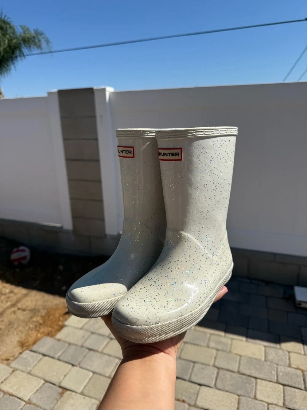 Hunter Kids Glitter Rain Boots - Cream with Multicolor Sparkle